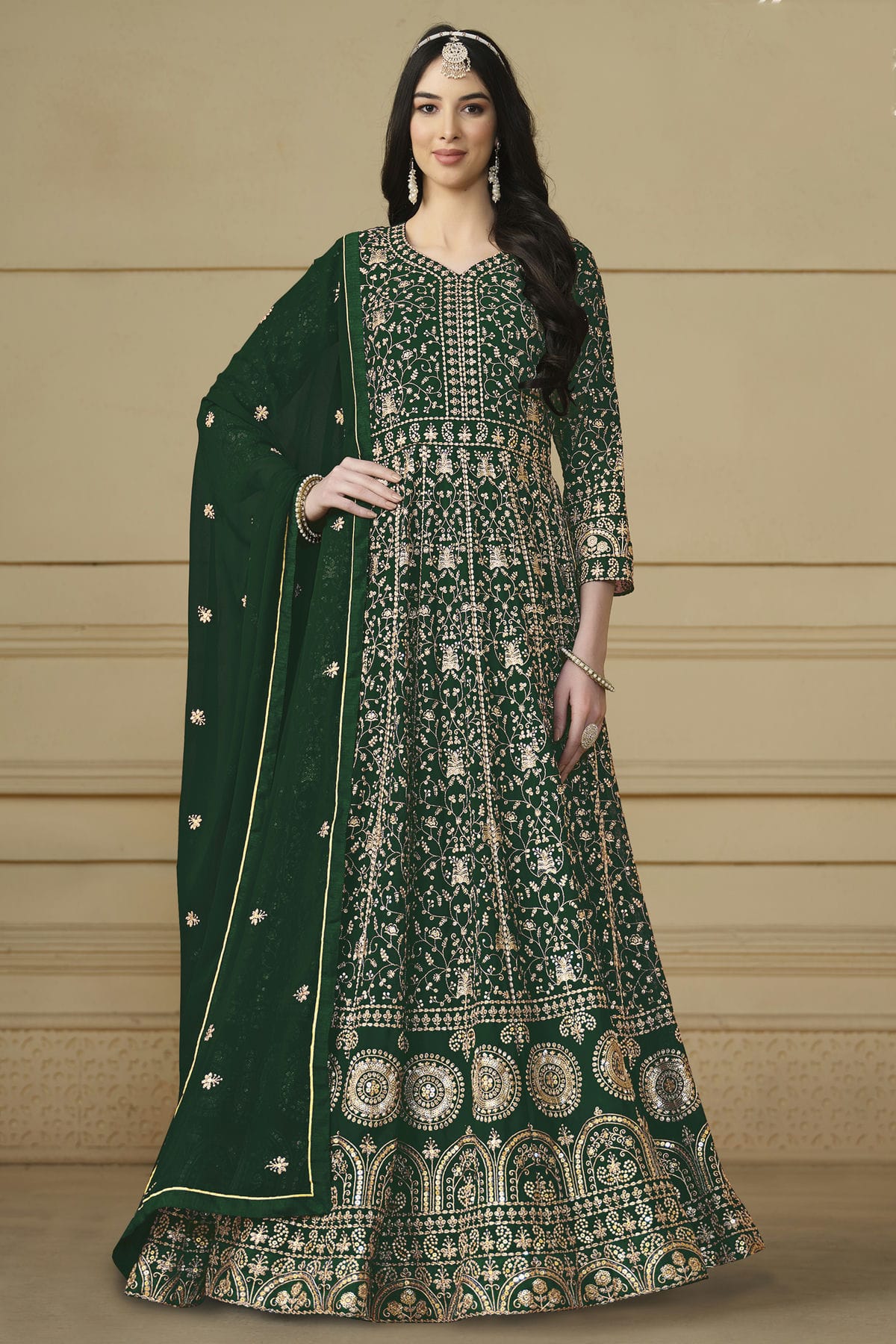 Green Colour Semi Stitched Faux Georgette Anarkali Suit