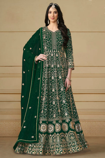 Green Colour Semi Stitched Faux Georgette Anarkali Suit