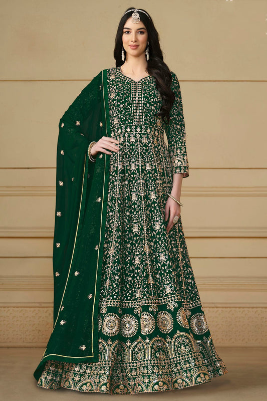 Green Colour Semi Stitched Faux Georgette Anarkali Suit