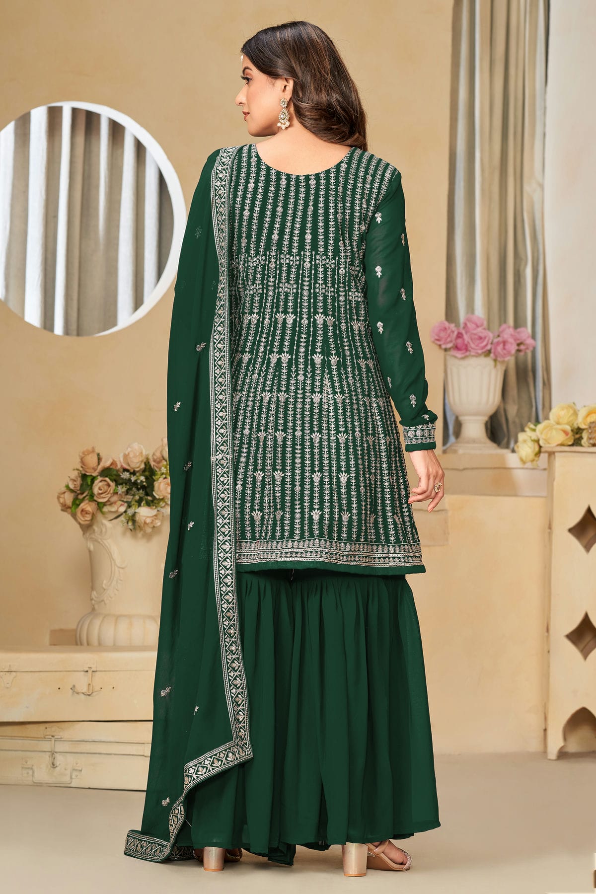 Green Colour Semi Stitched Faux Georgette Sharara Suit