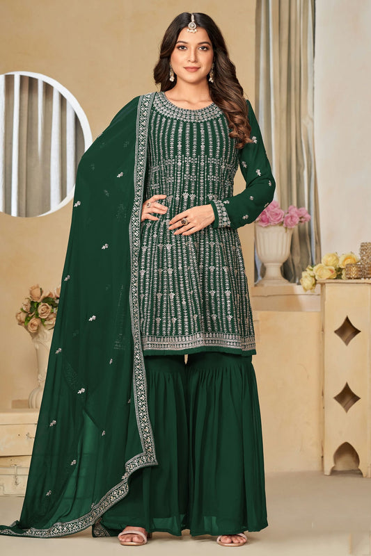 Green Colour Semi Stitched Faux Georgette Sharara Suit