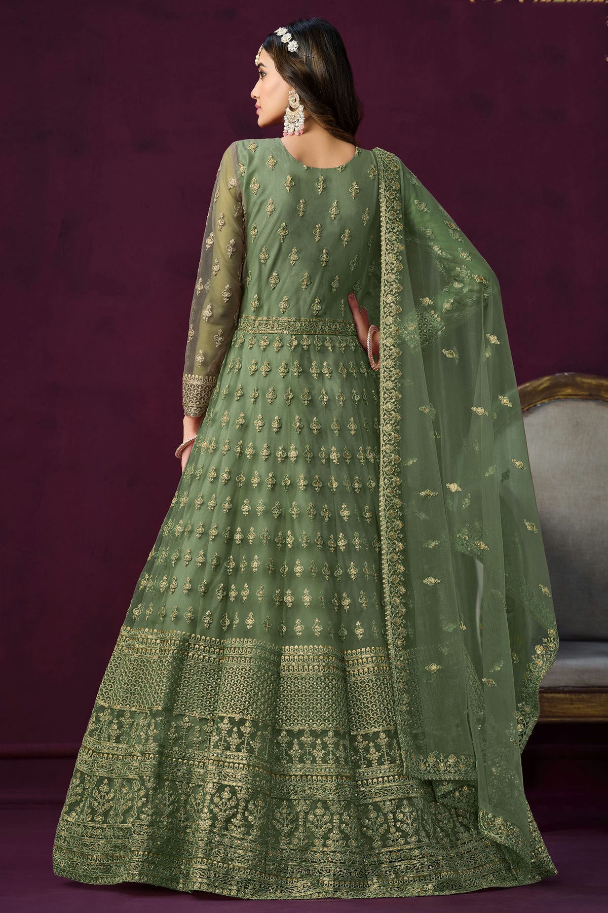 Green Colour Semi Stitched Net Anarkali Suit