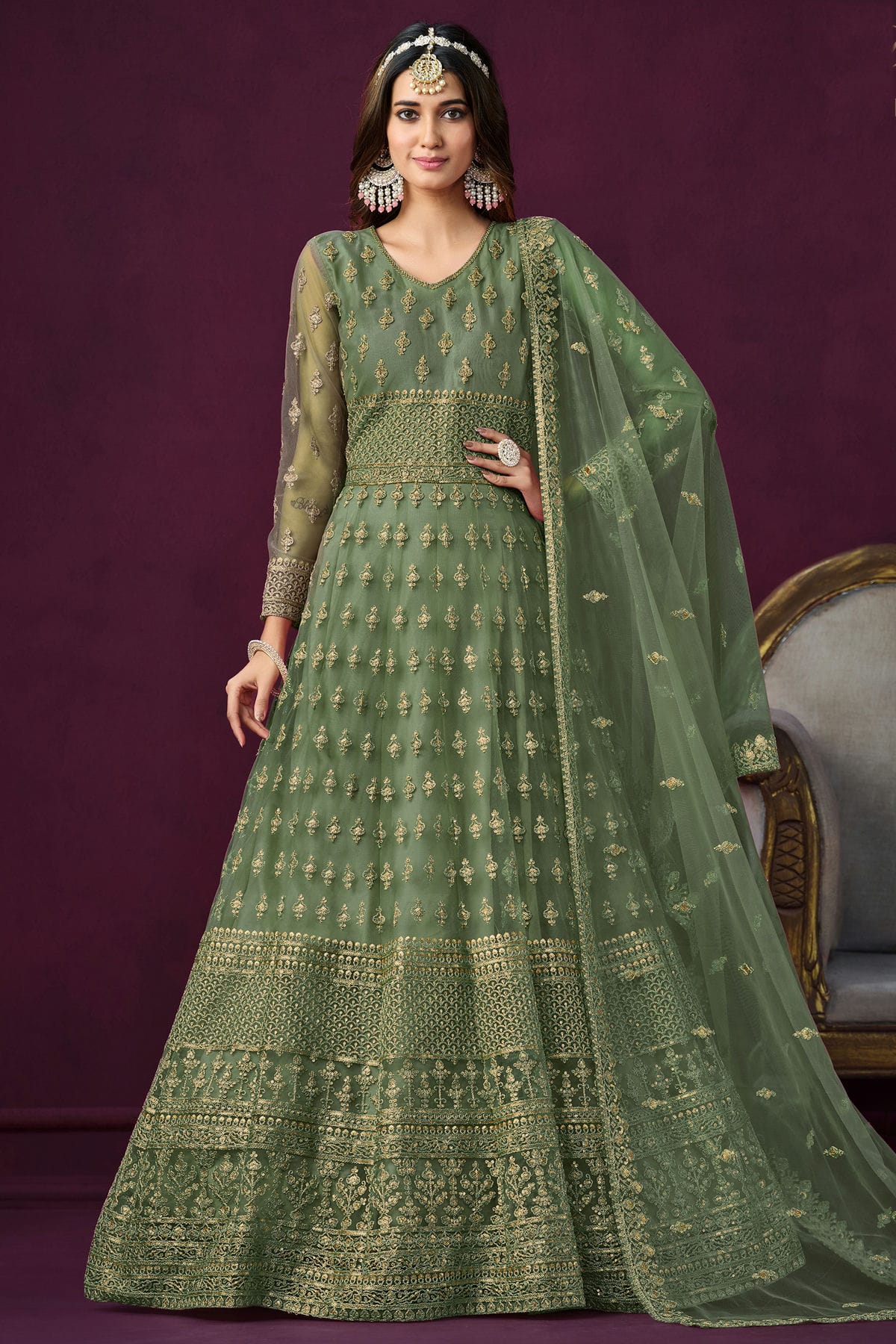 Green Colour Semi Stitched Net Anarkali Suit