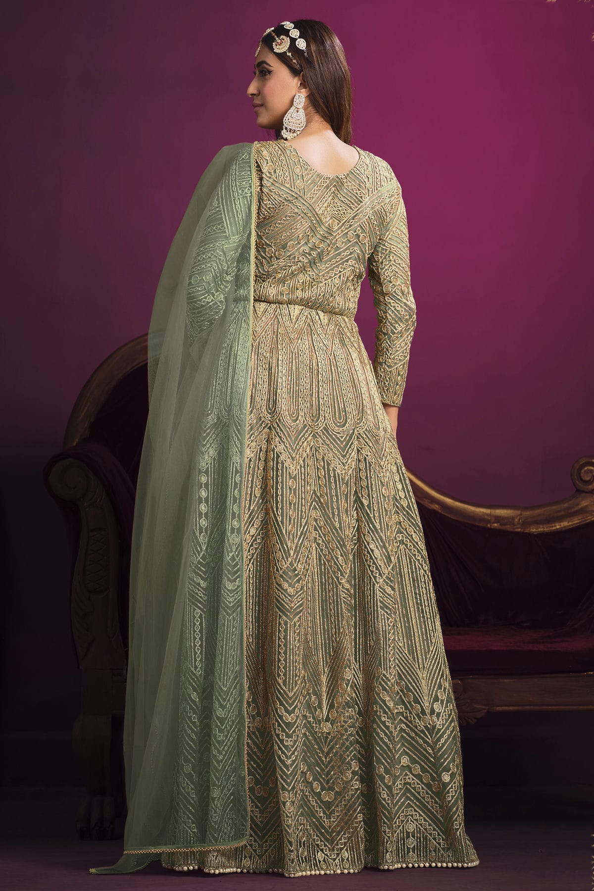 Green Colour Semi Stitched Net Pant Style Suit