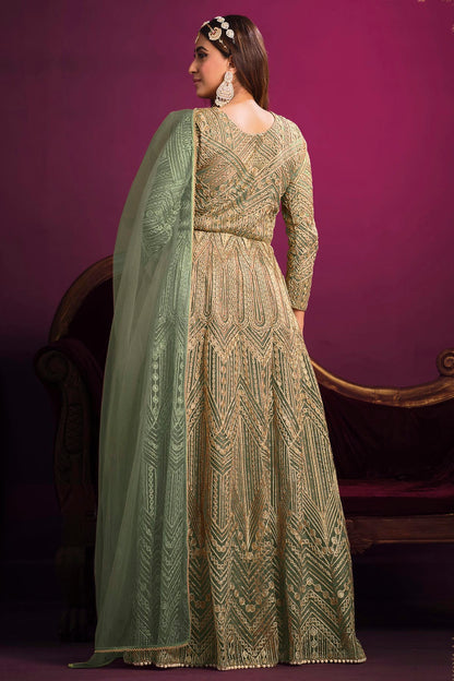 Green Colour Semi Stitched Net Pant Style Suit