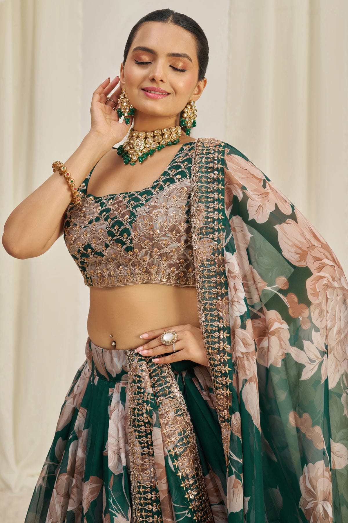 Green Colour Semi Stitched Organza Lehenga Choli VSLC1080900