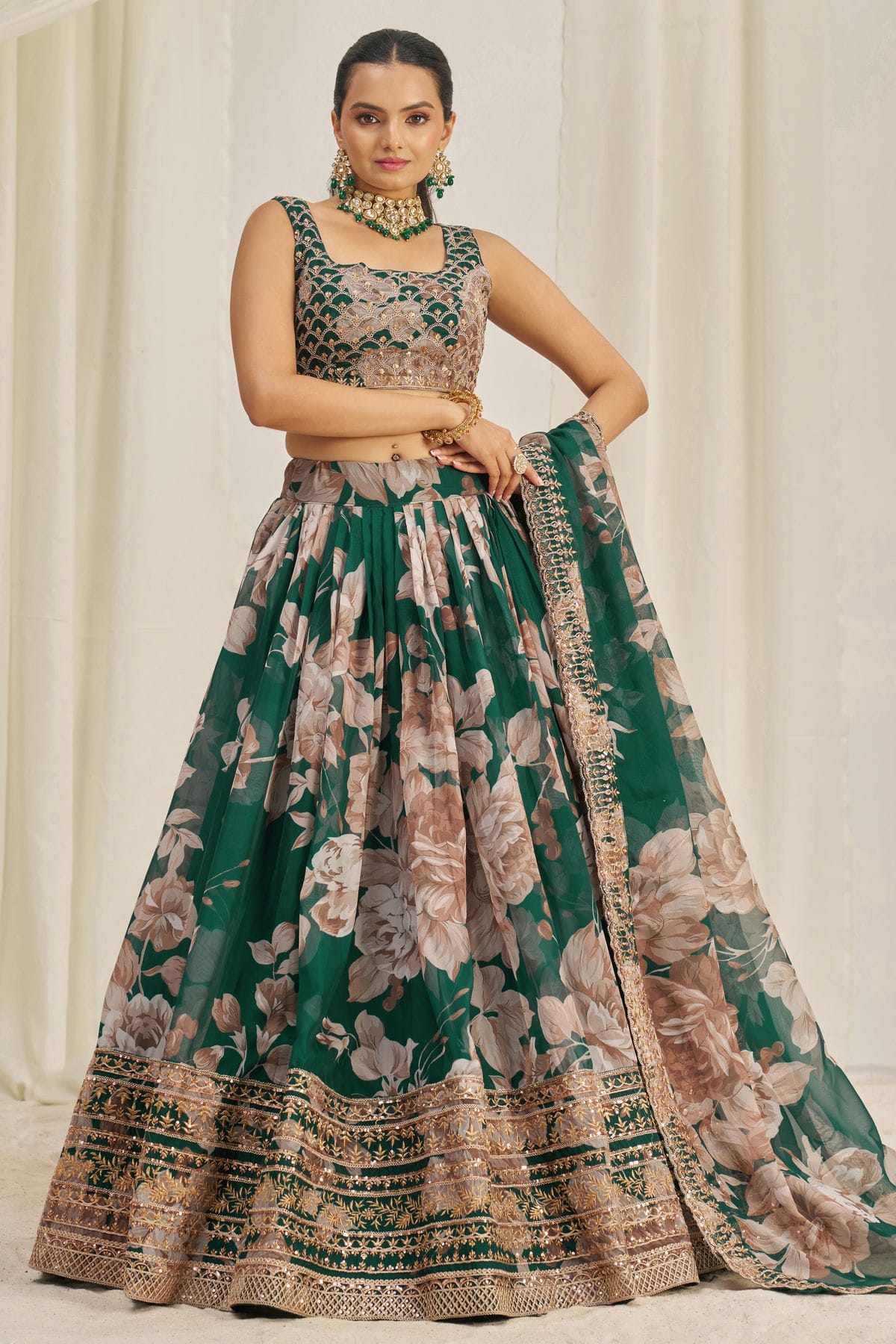 Green Colour Semi Stitched Organza Lehenga Choli