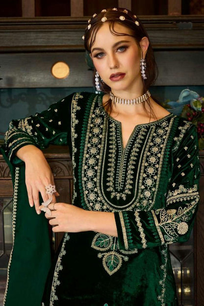 Green Colour Semi Stitched Pure Viscose Velvet Pant Style Suit