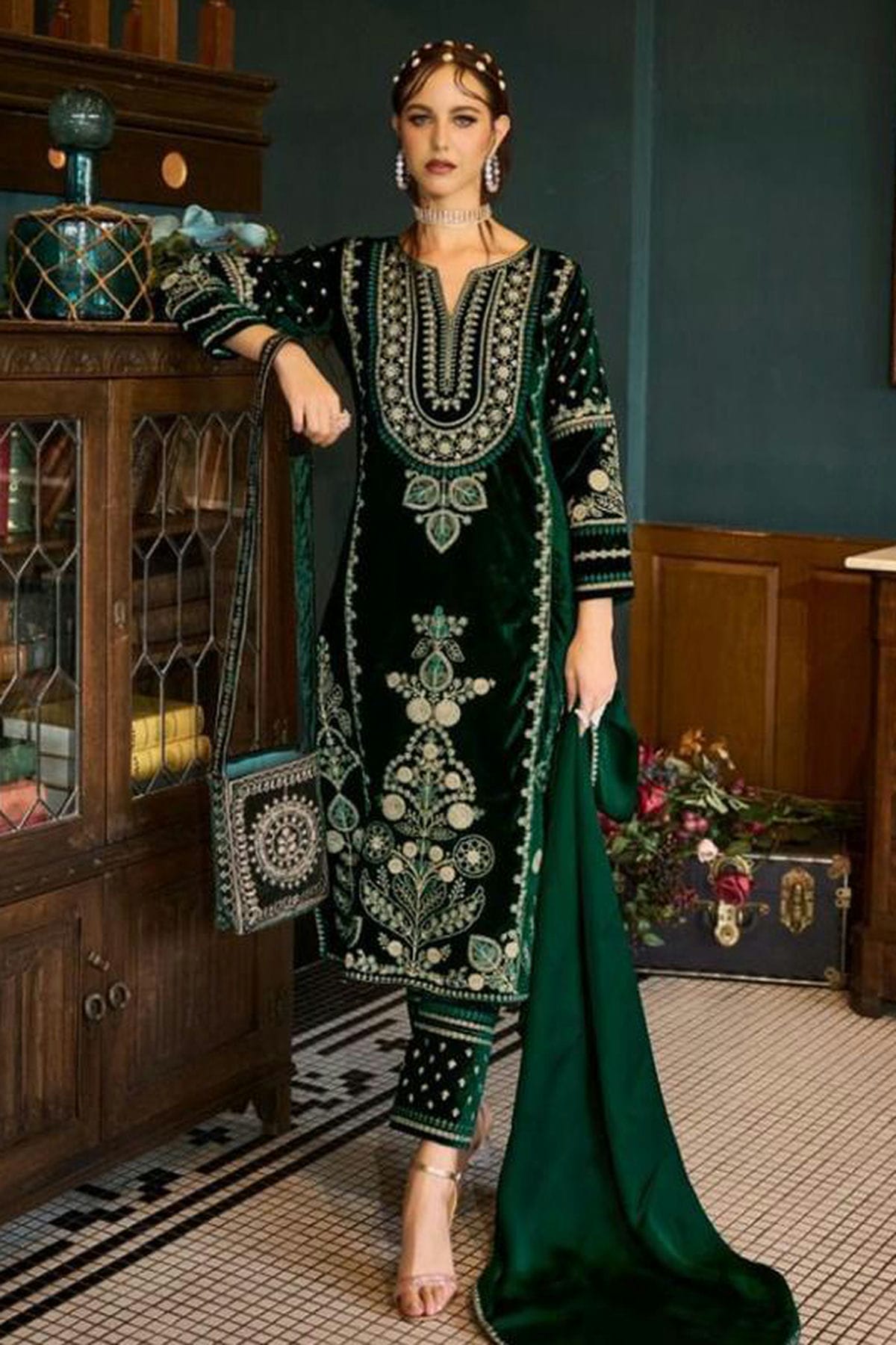 Green Colour Semi Stitched Pure Viscose Velvet Pant Style Suit