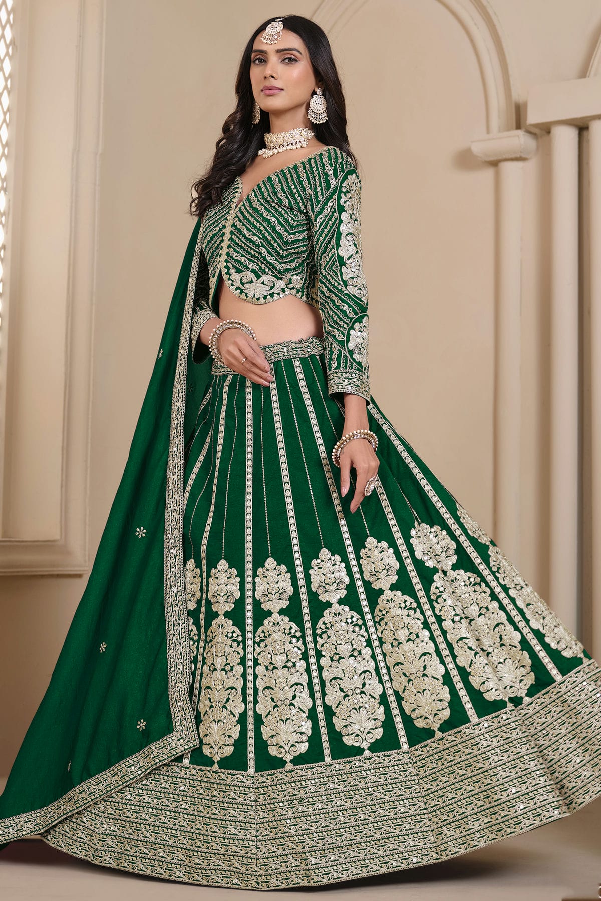 Green Colour Semi Stitched Shimmer Art Silk Lehenga Choli