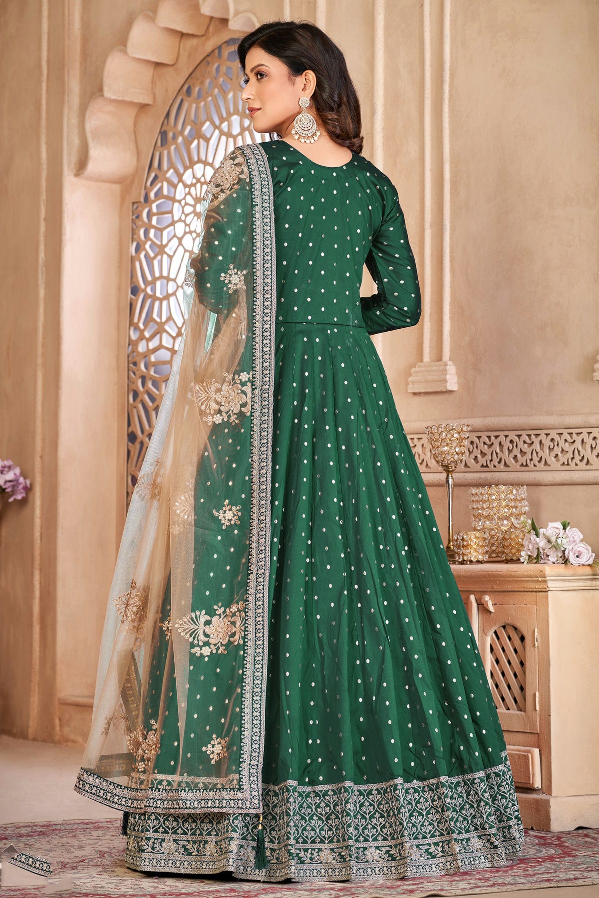 Green Colour Semi Stitched Taffeta Silk Anarkali Suit