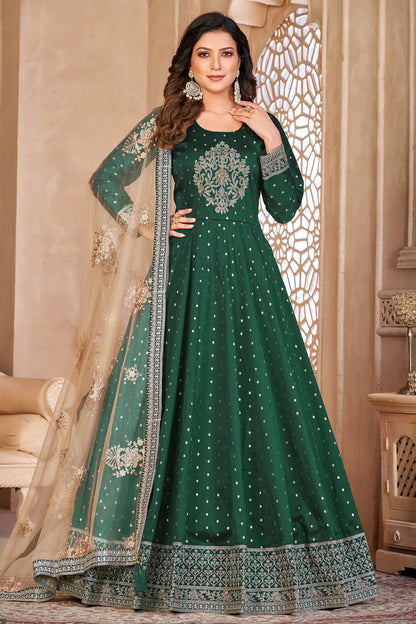 Green Colour Semi Stitched Taffeta Silk Anarkali Suit