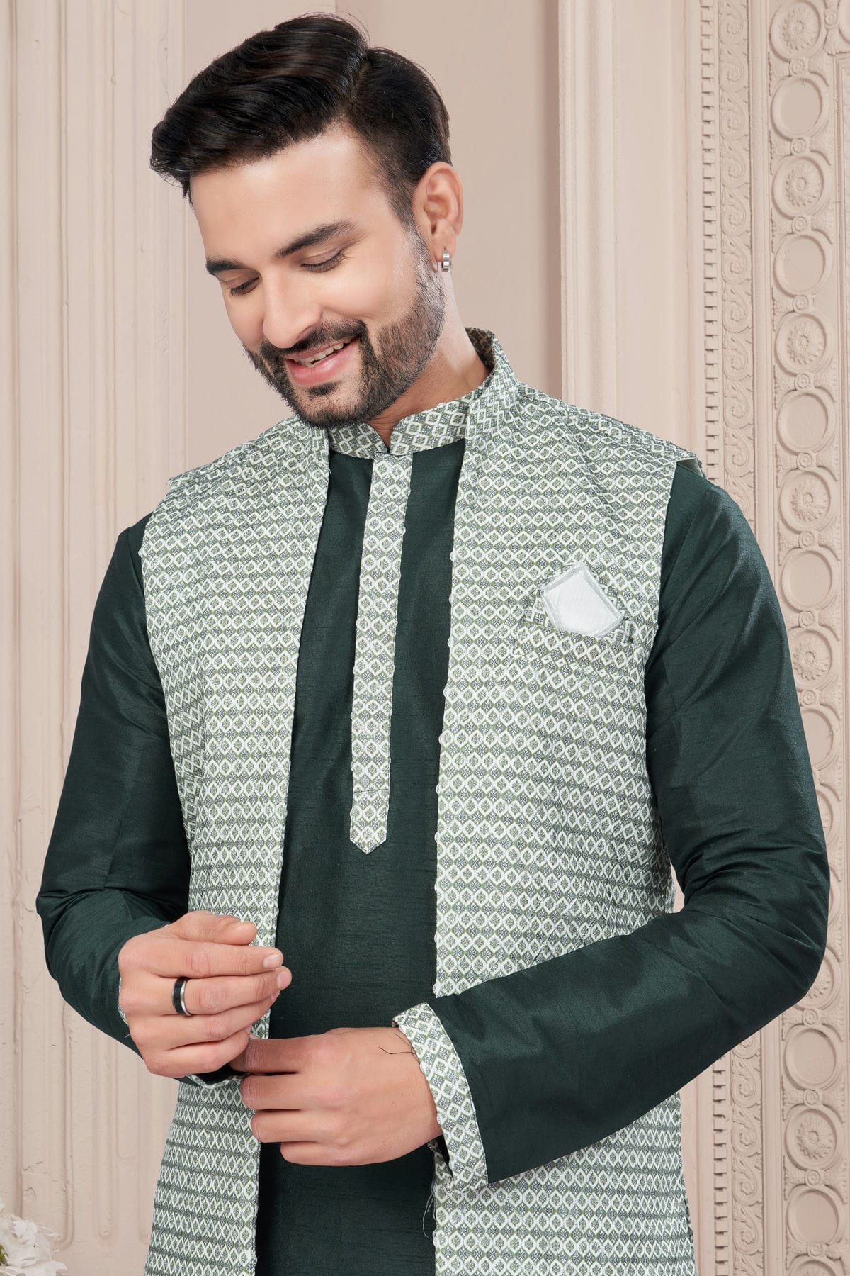 Green Colour Silk Dupion Jacket Kurta Pajama