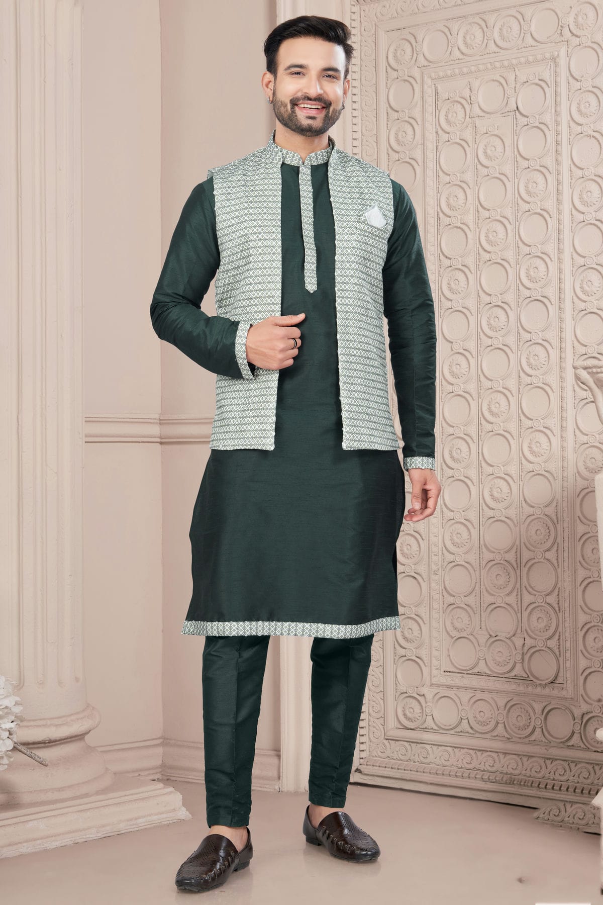 Green Colour Silk Dupion Jacket Kurta Pajama