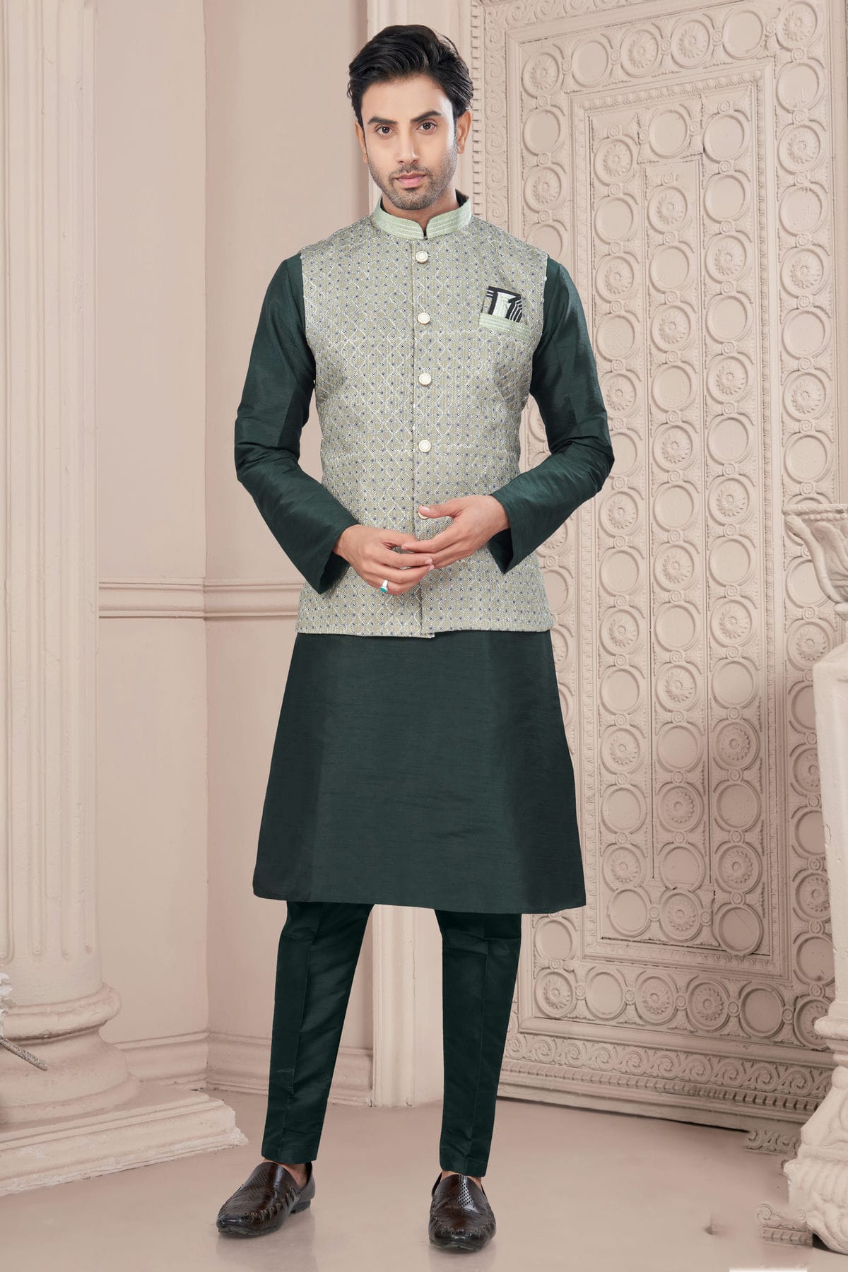 Green Colour Silk Dupion Jacket Kurta Pajama