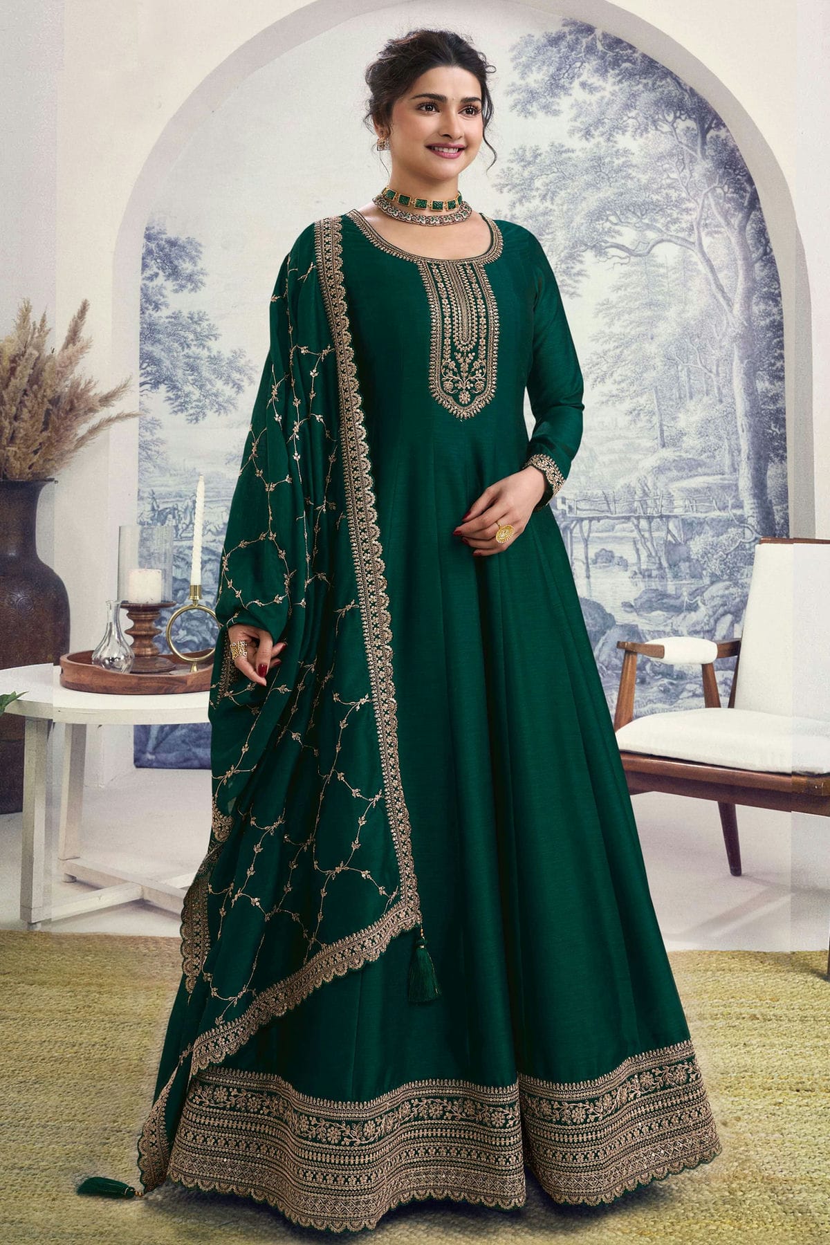 Green Colour Silk Georgette Anarkali Suit