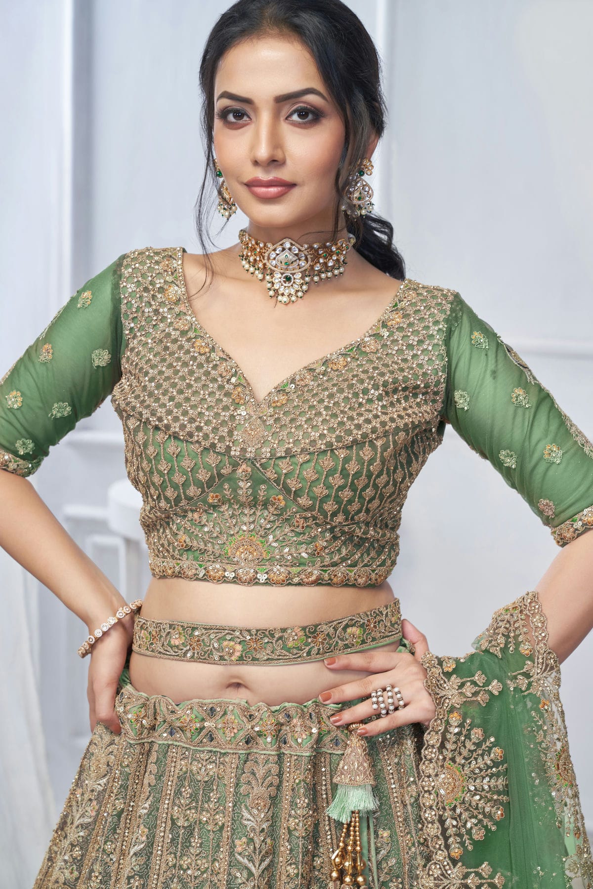 Green Colour Soft Net Embroidery Lehenga Choli VSLC1111363