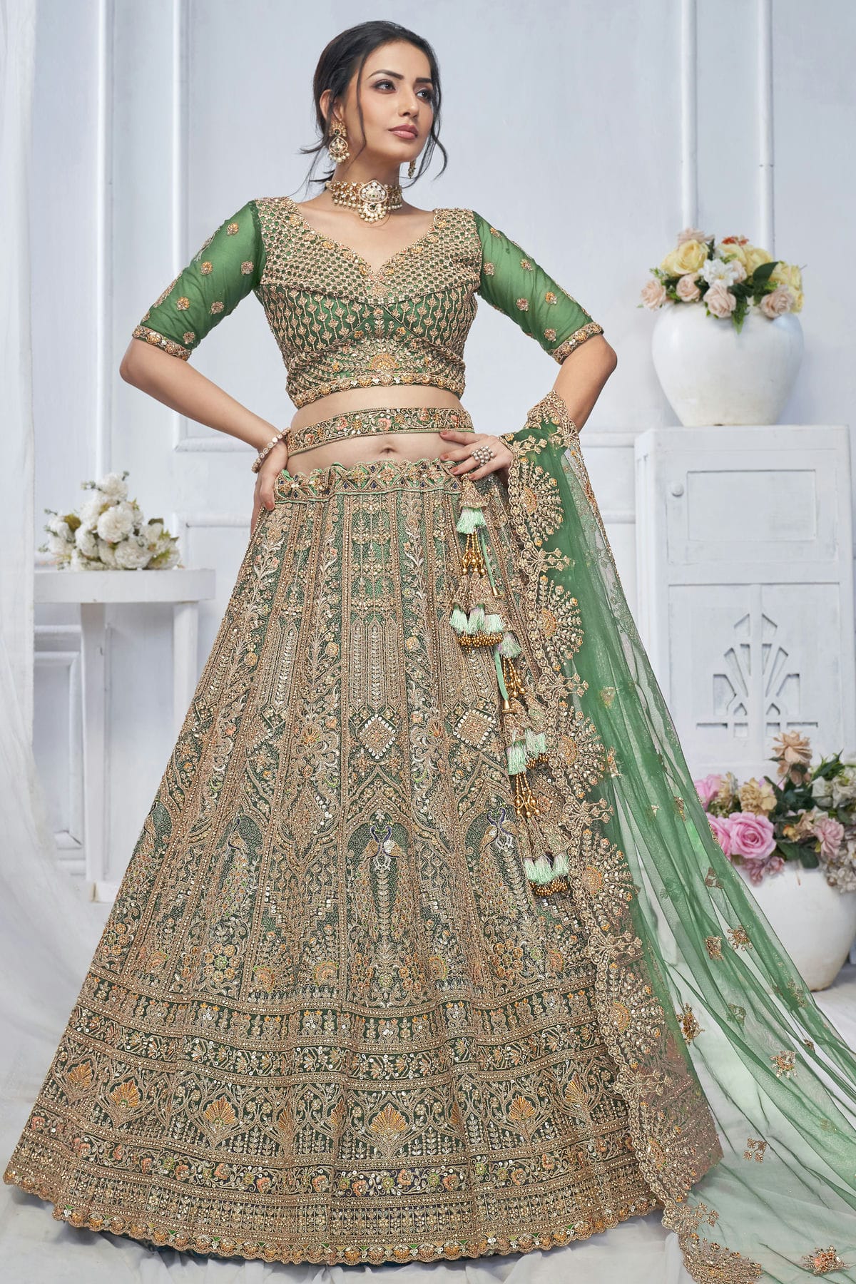 Green Colour Soft Net Embroidery Lehenga Choli