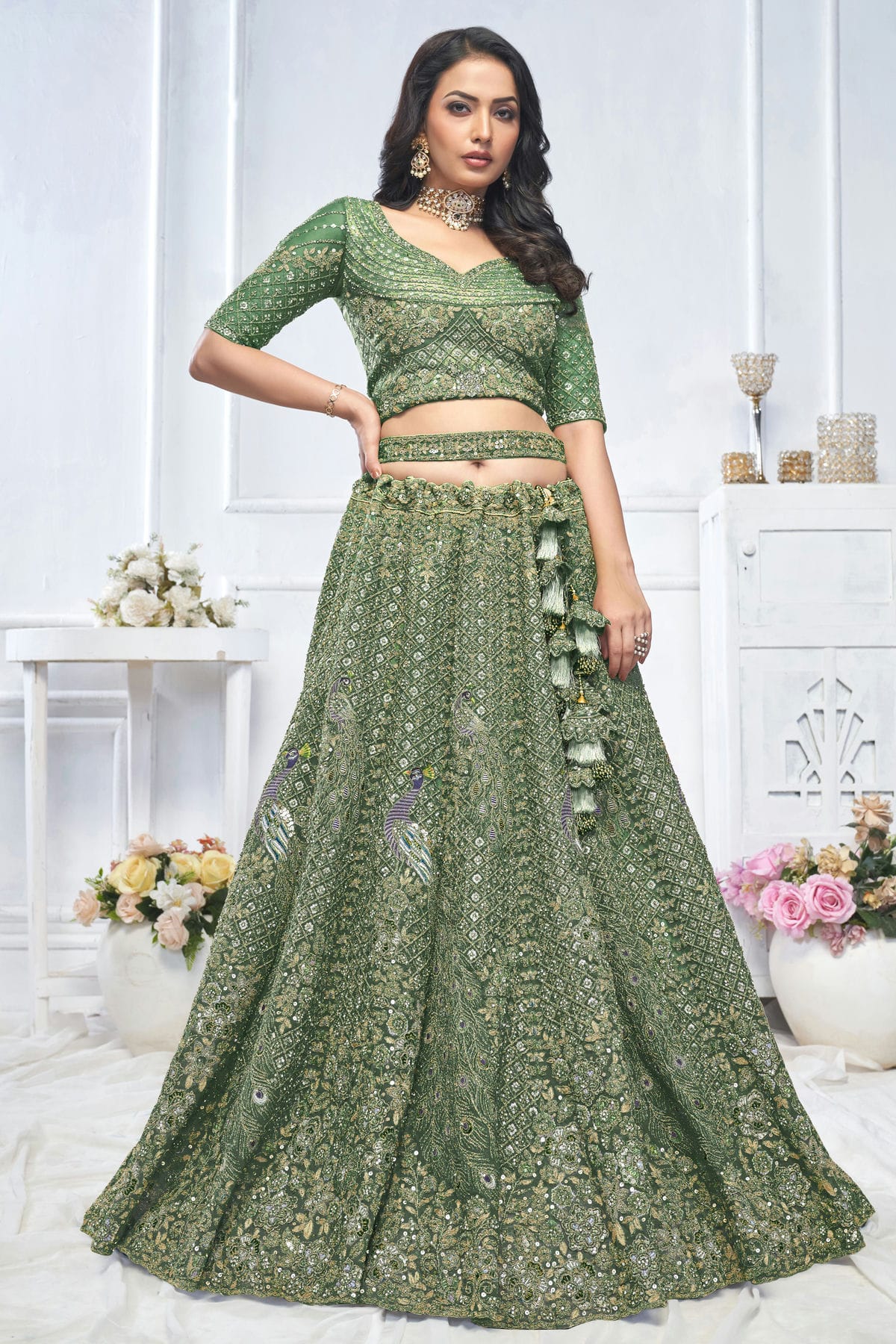 Green Colour Soft Net Embroidery Lehenga Choli VSLC1111367