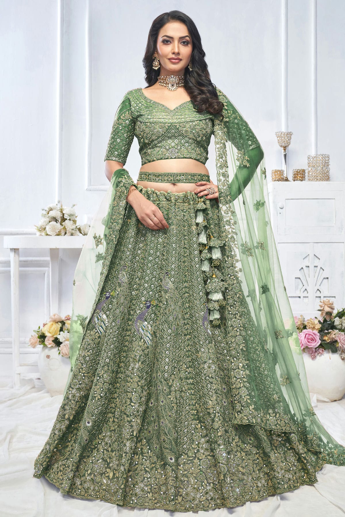 Green Colour Soft Net Embroidery Lehenga Choli