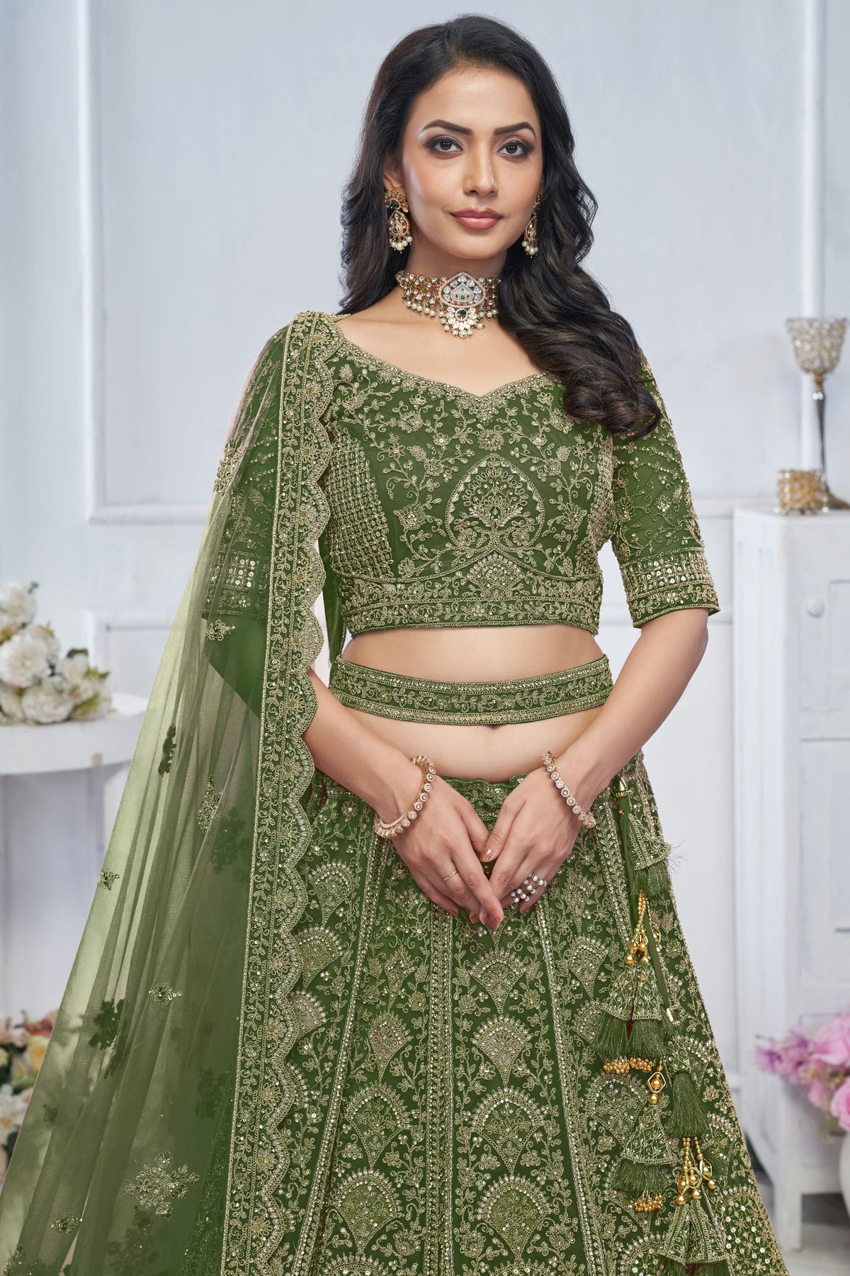 Green Colour Soft Net Embroidery Lehenga Choli VSLC1111372