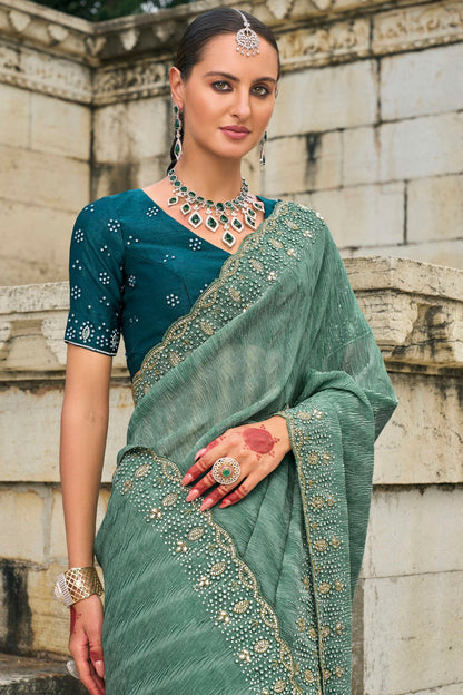 Green Colour Tissue Crush Designer Saree