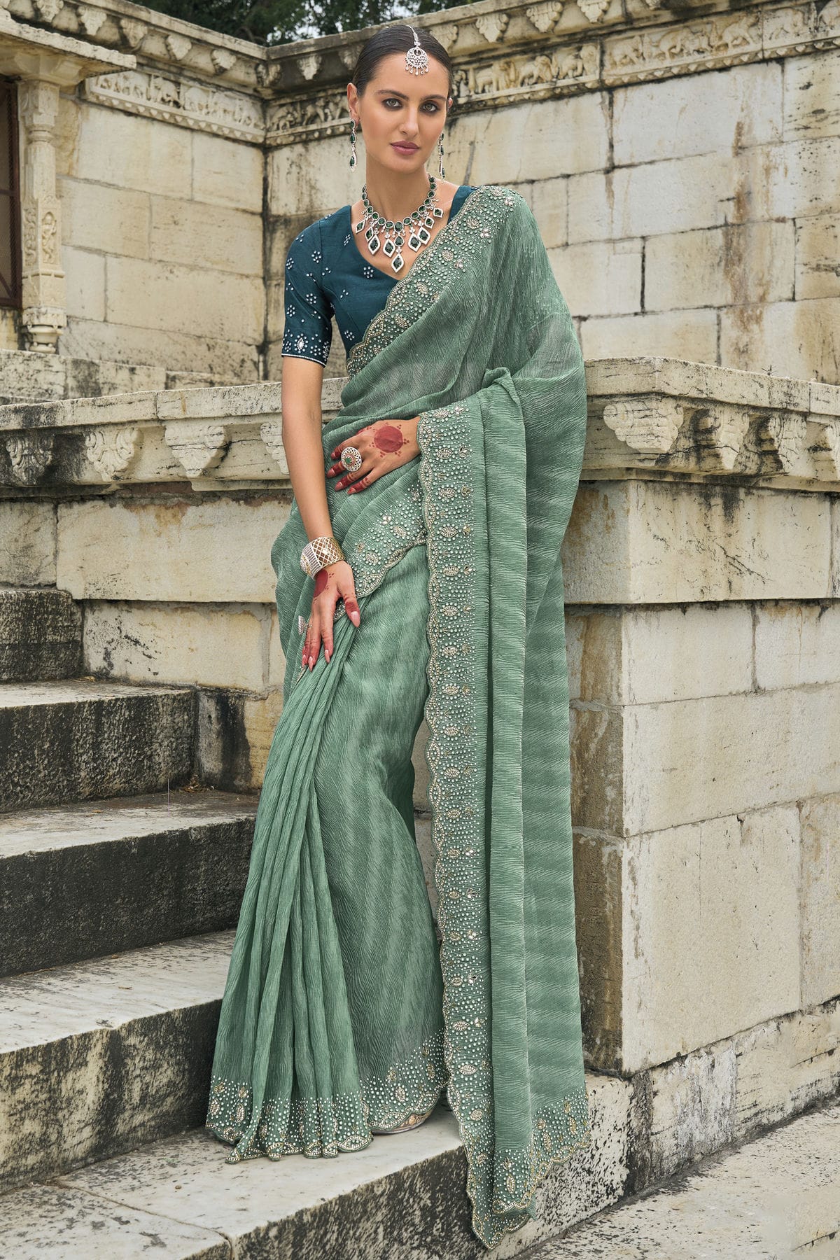 Green Colour Tissue Crush Designer Saree