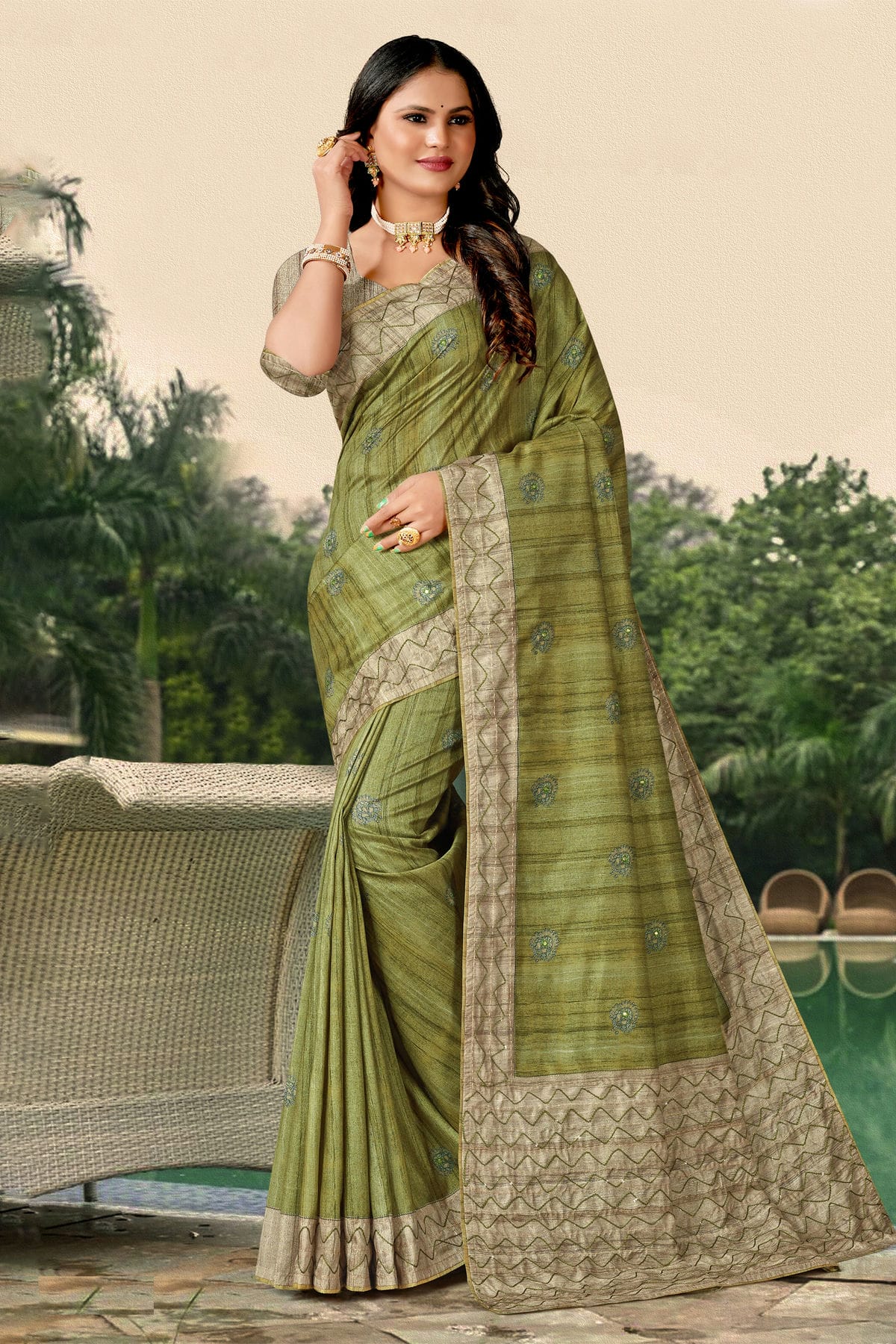 Green Colour Tussar Silk Traditional Saree