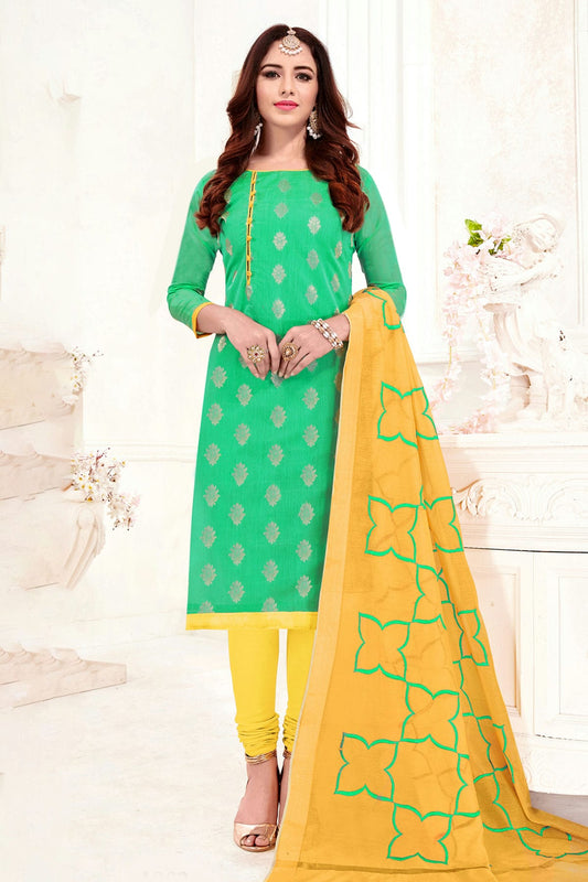 Green Colour Unstitched Banarasi Jacquard Churidar Suit