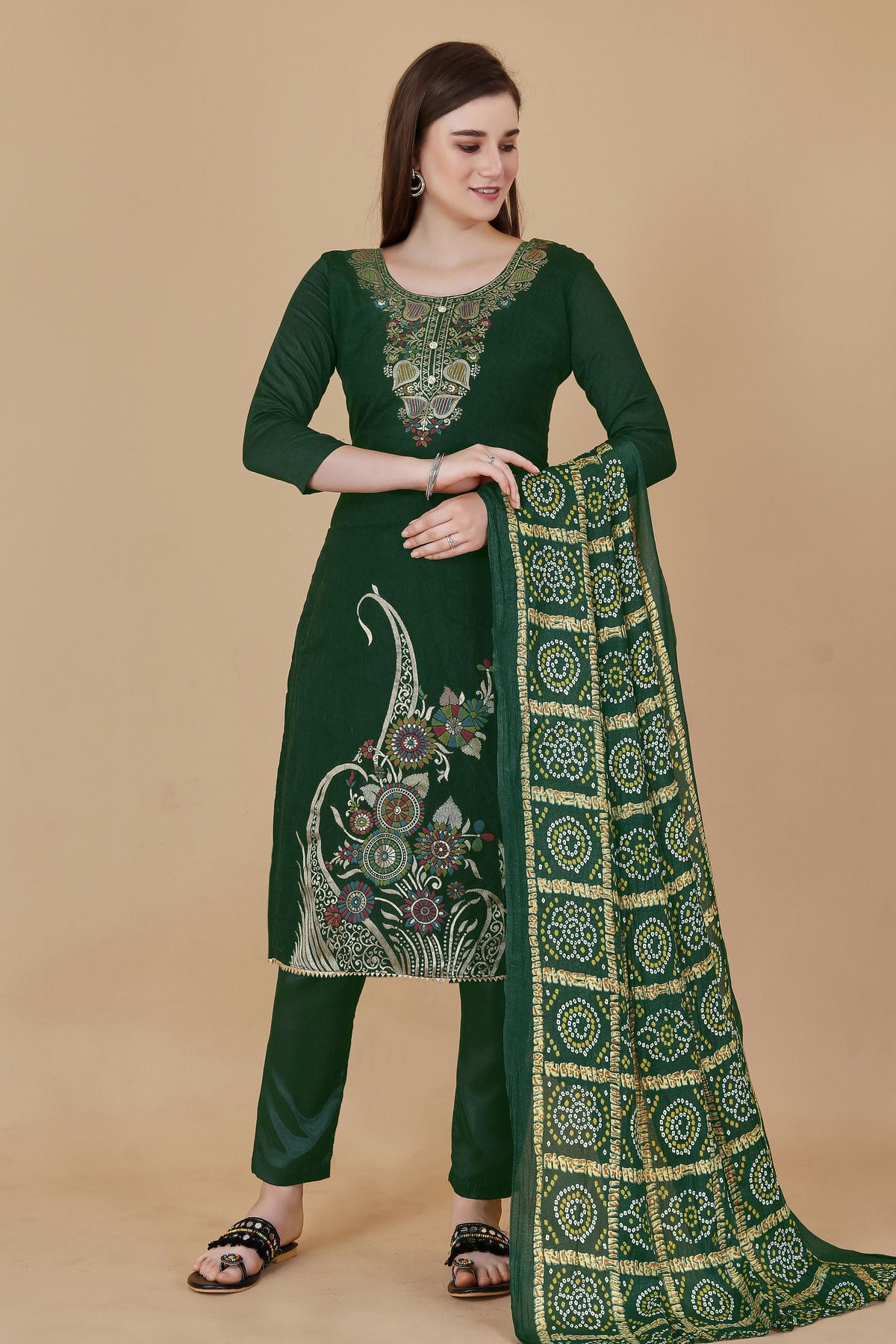 Green Colour Unstitched Banarasi Jacquard Fabric Straight Suit