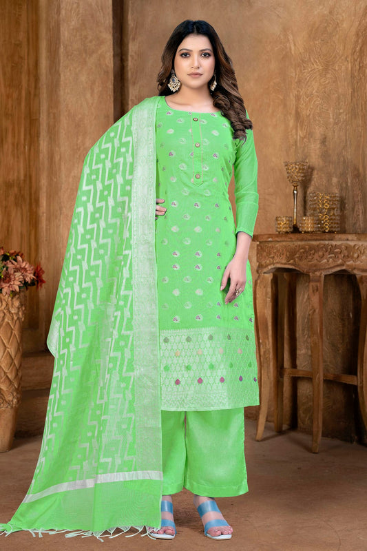 Green Colour Unstitched Banarasi Jacquard Palazoo Pant Suit