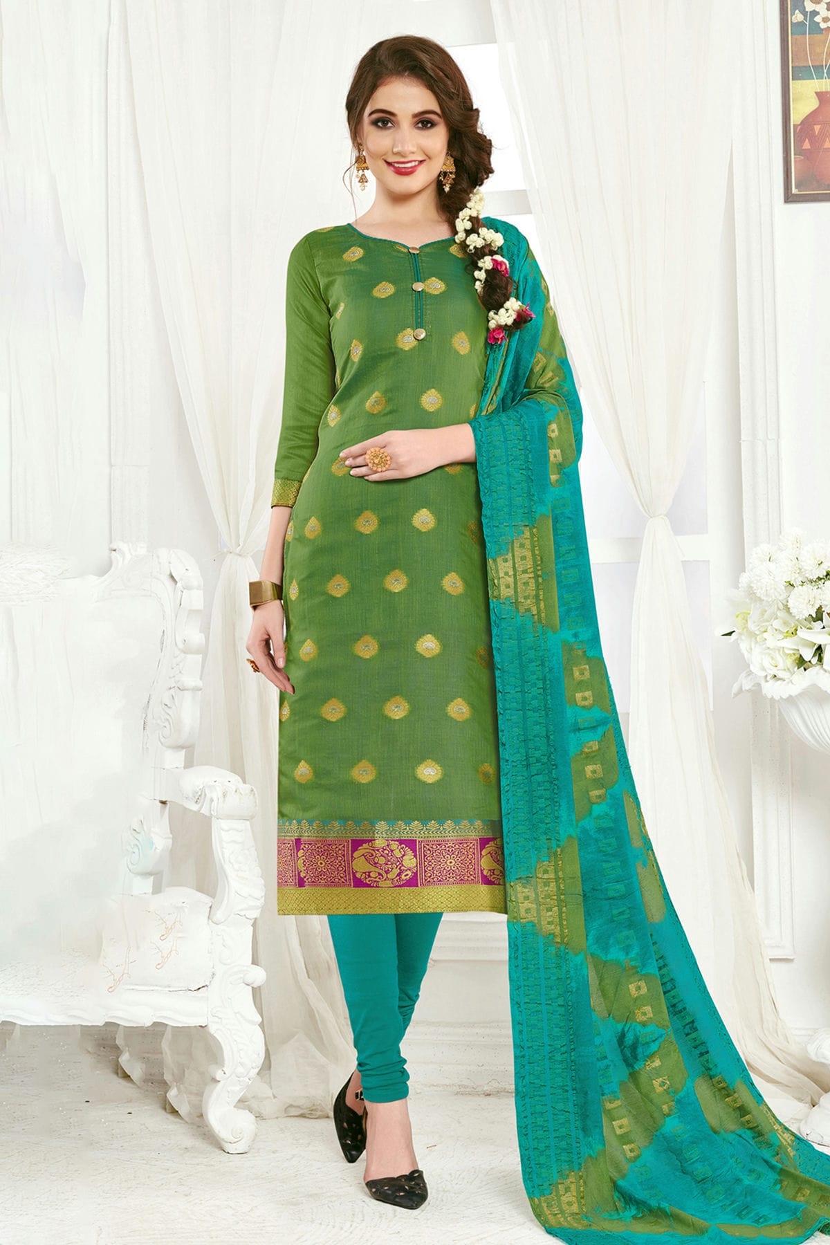 Green Colour Unstitched Banarasi Silk Straight Suit