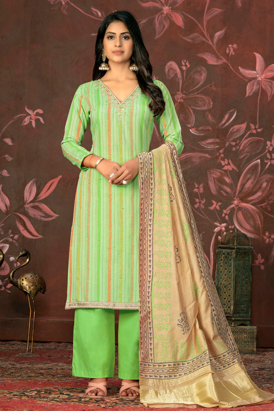 Green Colour Unstitched Cambric Cotton Palazoo Pant Suit