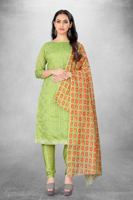 Green Colour Unstitched Chanderi Churidar Suit