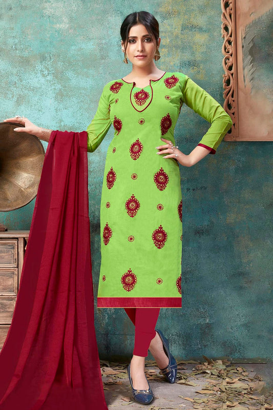 Green Colour Unstitched Chanderi Cotton Straight Suit