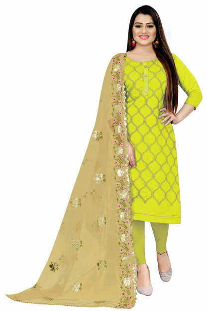 Green Colour Unstitched Chanderi Straight Suit