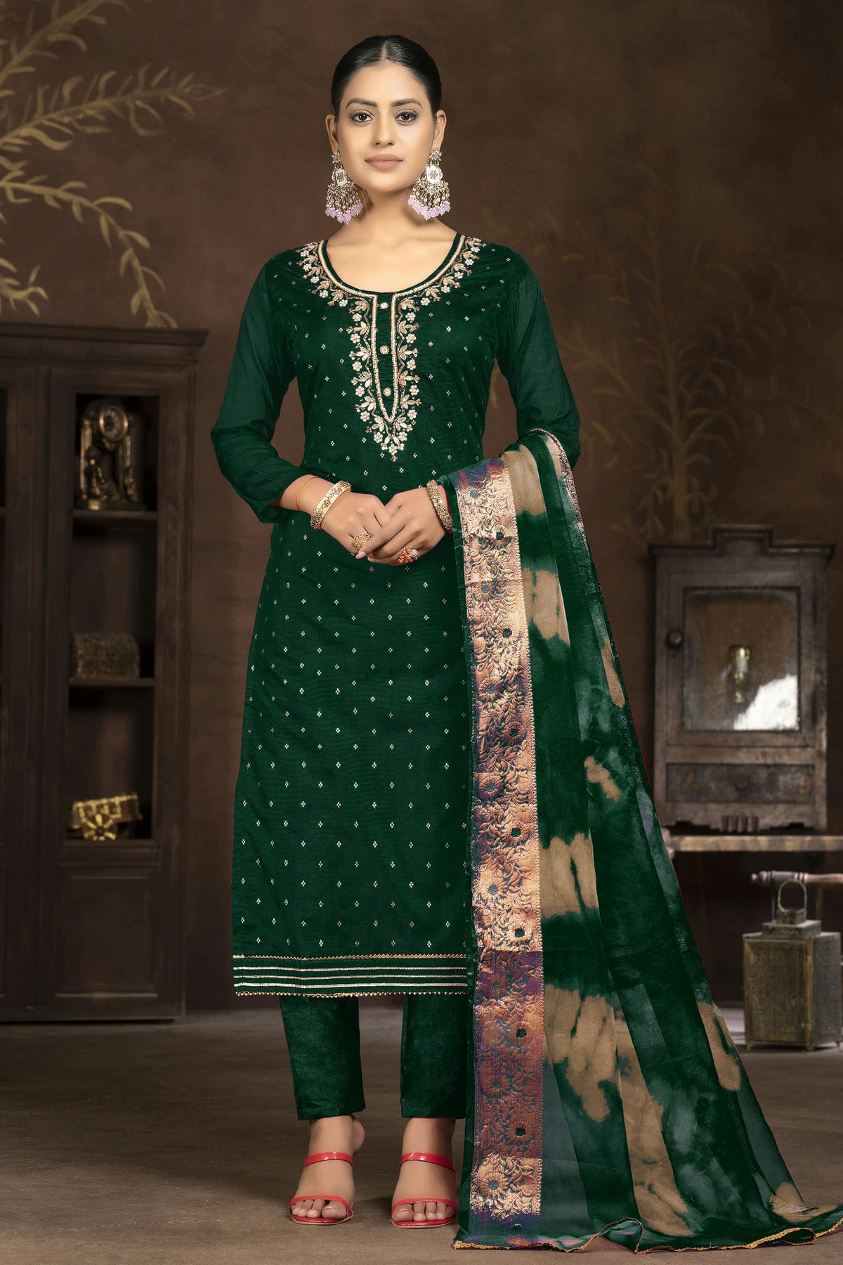 Green Colour Unstitched Cotton Jacquard Pant Style Suit