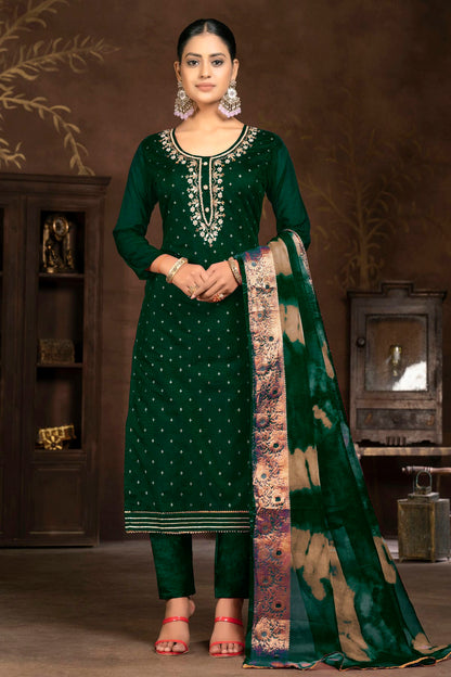 Green Colour Unstitched Cotton Jacquard Pant Style Suit