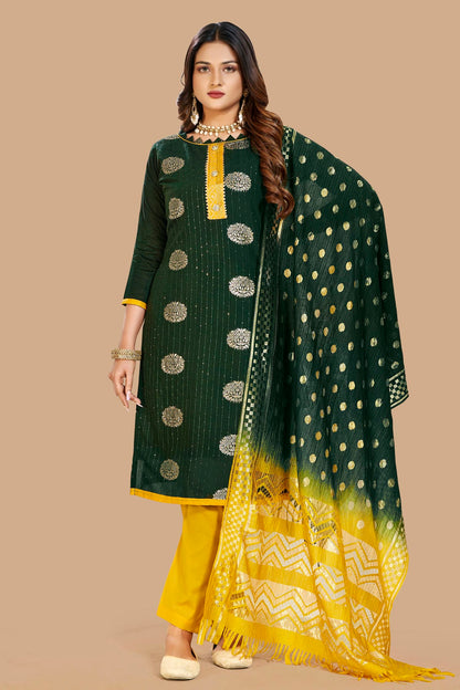 Green Colour Unstitched Cotton Jacquard Straight Suit