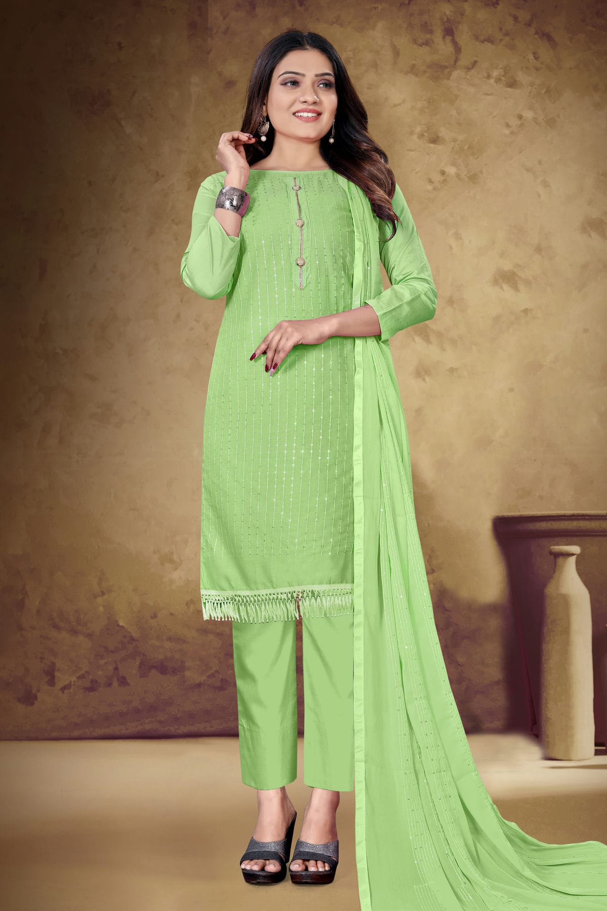 Green Colour Unstitched Cotton Pant Style Suit