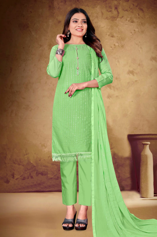 Green Colour Unstitched Cotton Pant Style Suit