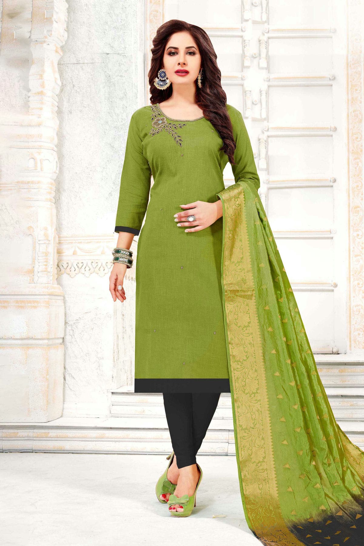 Green Colour Unstitched Cotton South Slub Straight Suit