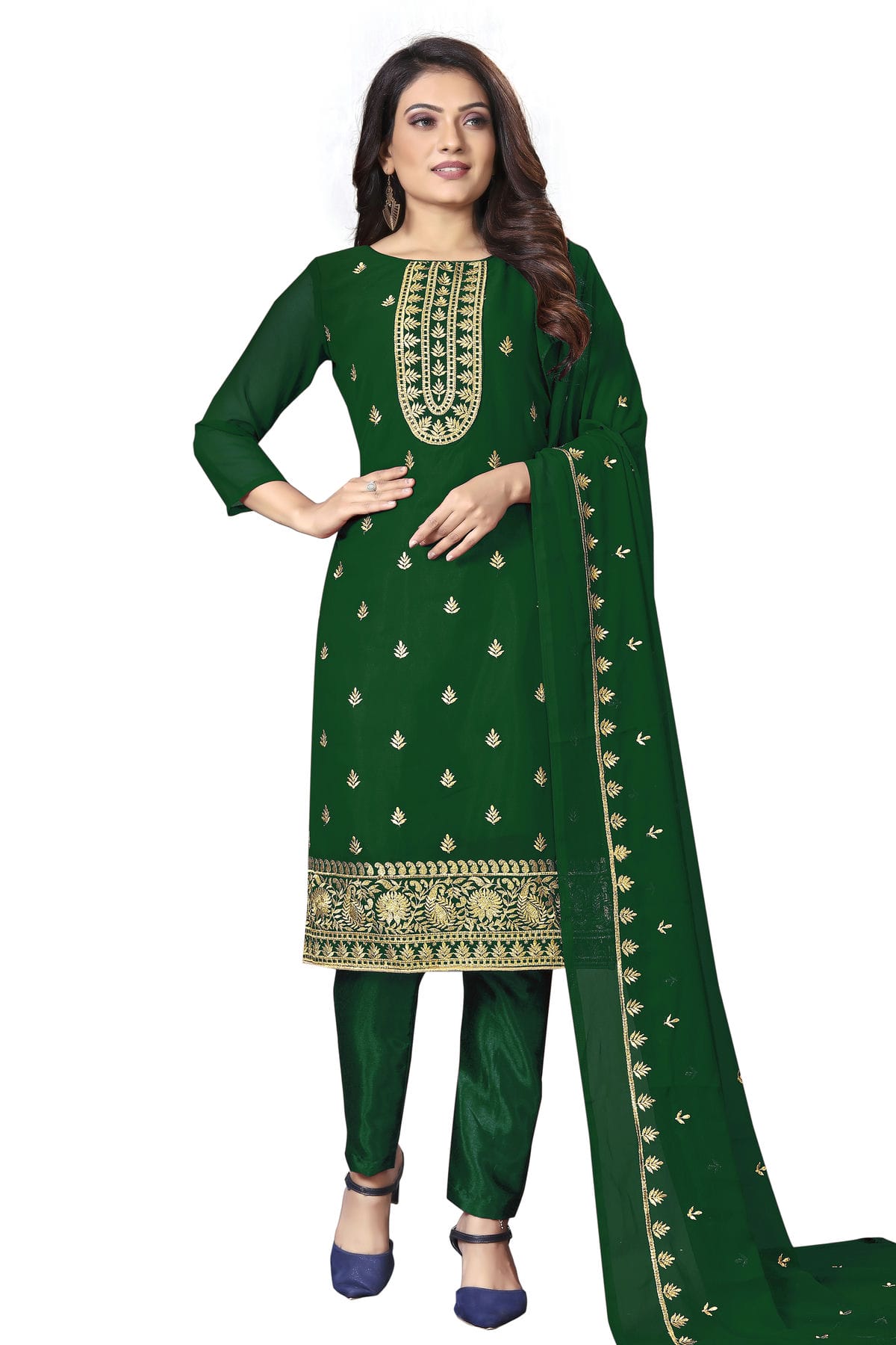 Green Colour Unstitched Faux Georgette Straight Suit