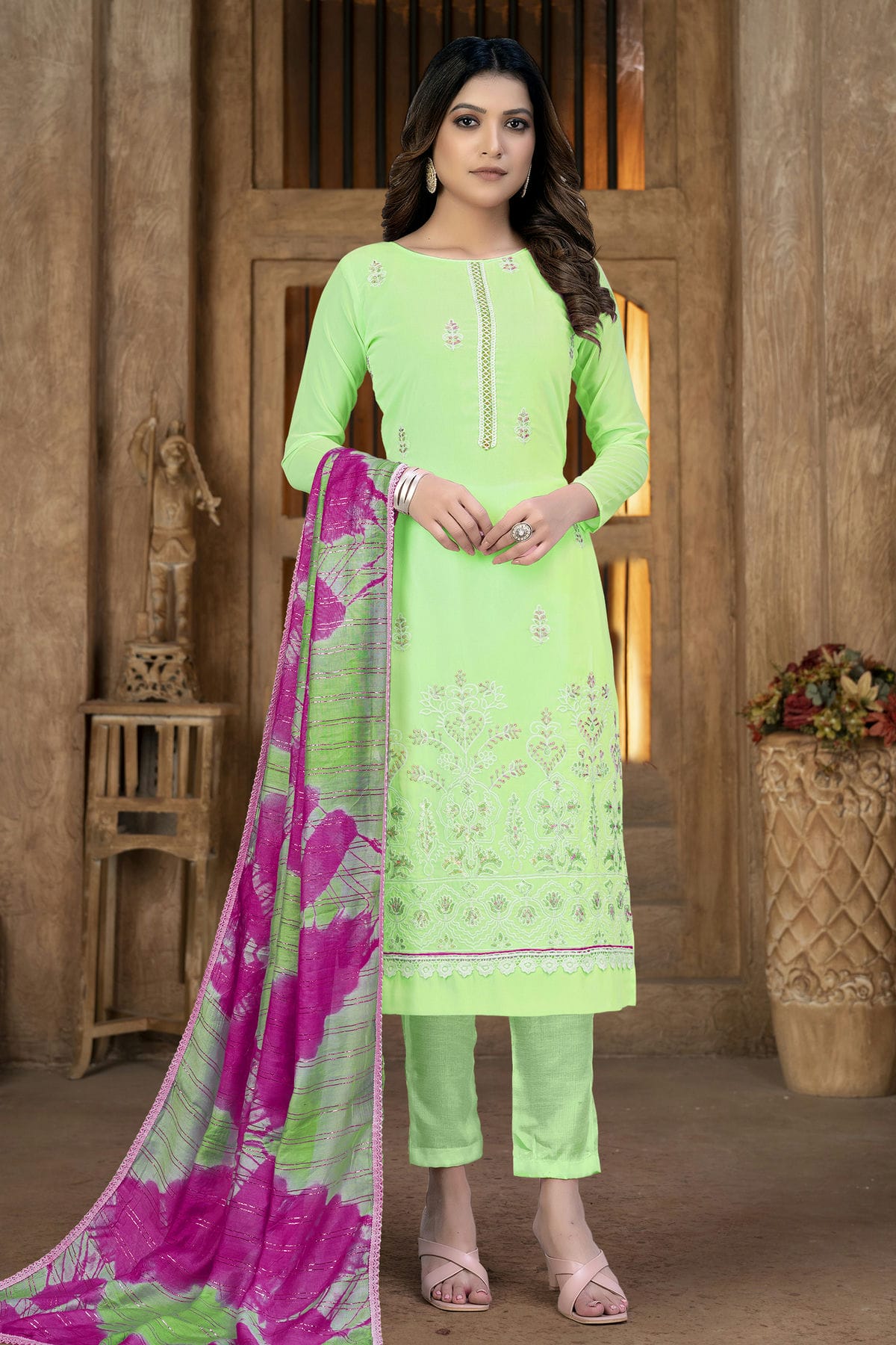 Green Colour Unstitched Georgette Pant Style Suit