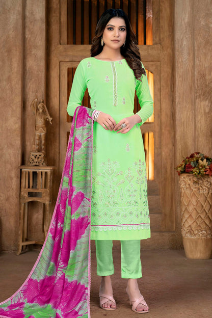 Green Colour Unstitched Georgette Pant Style Suit