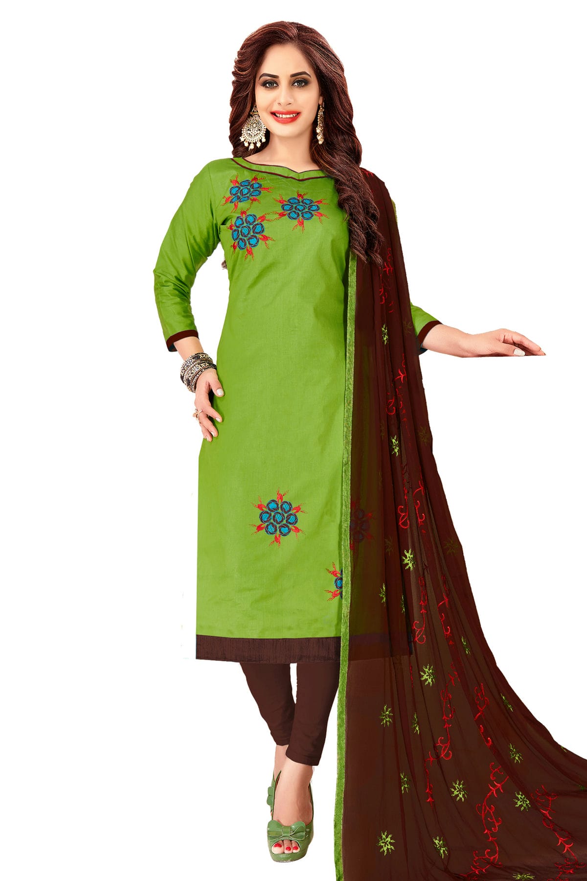 Green Colour Unstitched Glass Cotton Churidar Suit