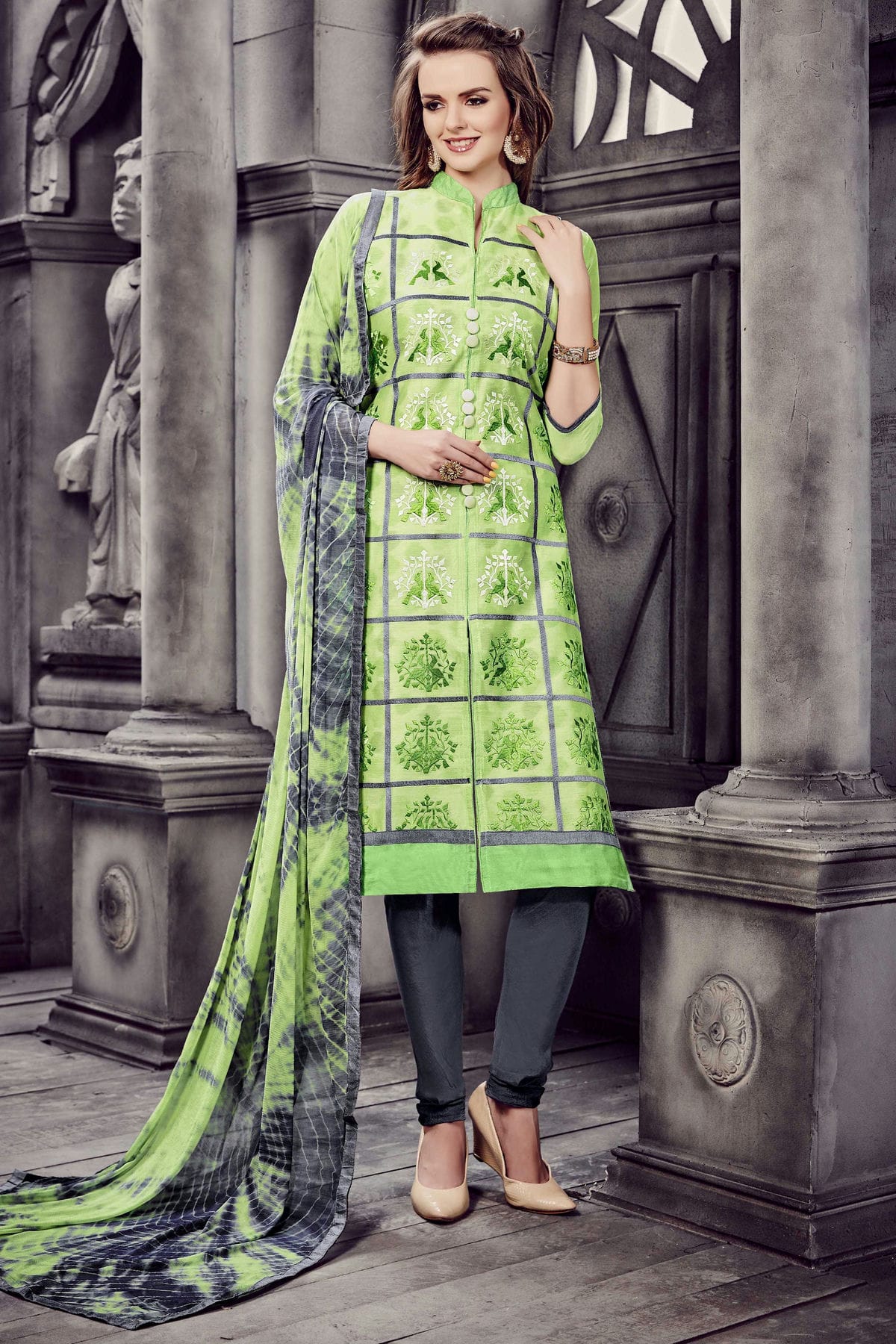 Green Colour Unstitched Glaze Cotton Churidar Suit