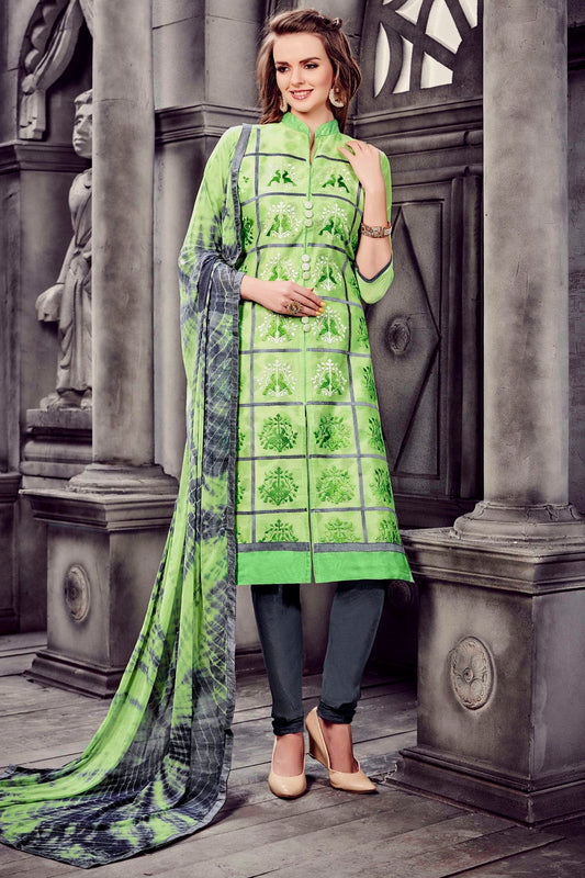 Green Colour Unstitched Glaze Cotton Churidar Suit