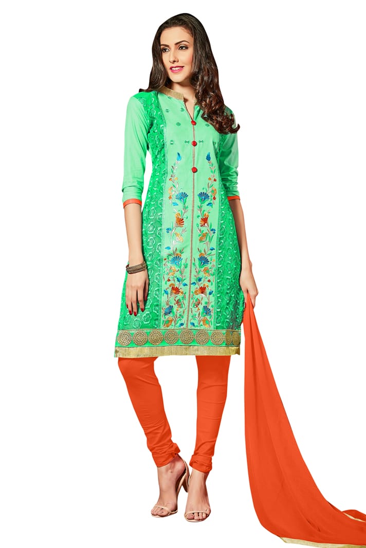 Green Colour Unstitched Glaze Cotton Churidar Suit