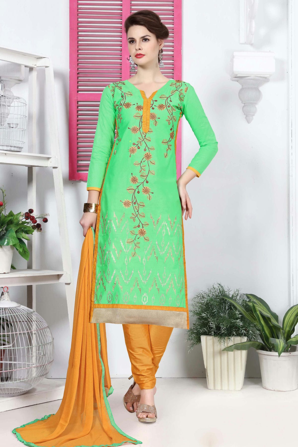 Green Colour Unstitched Glaze Cotton Straight Suit